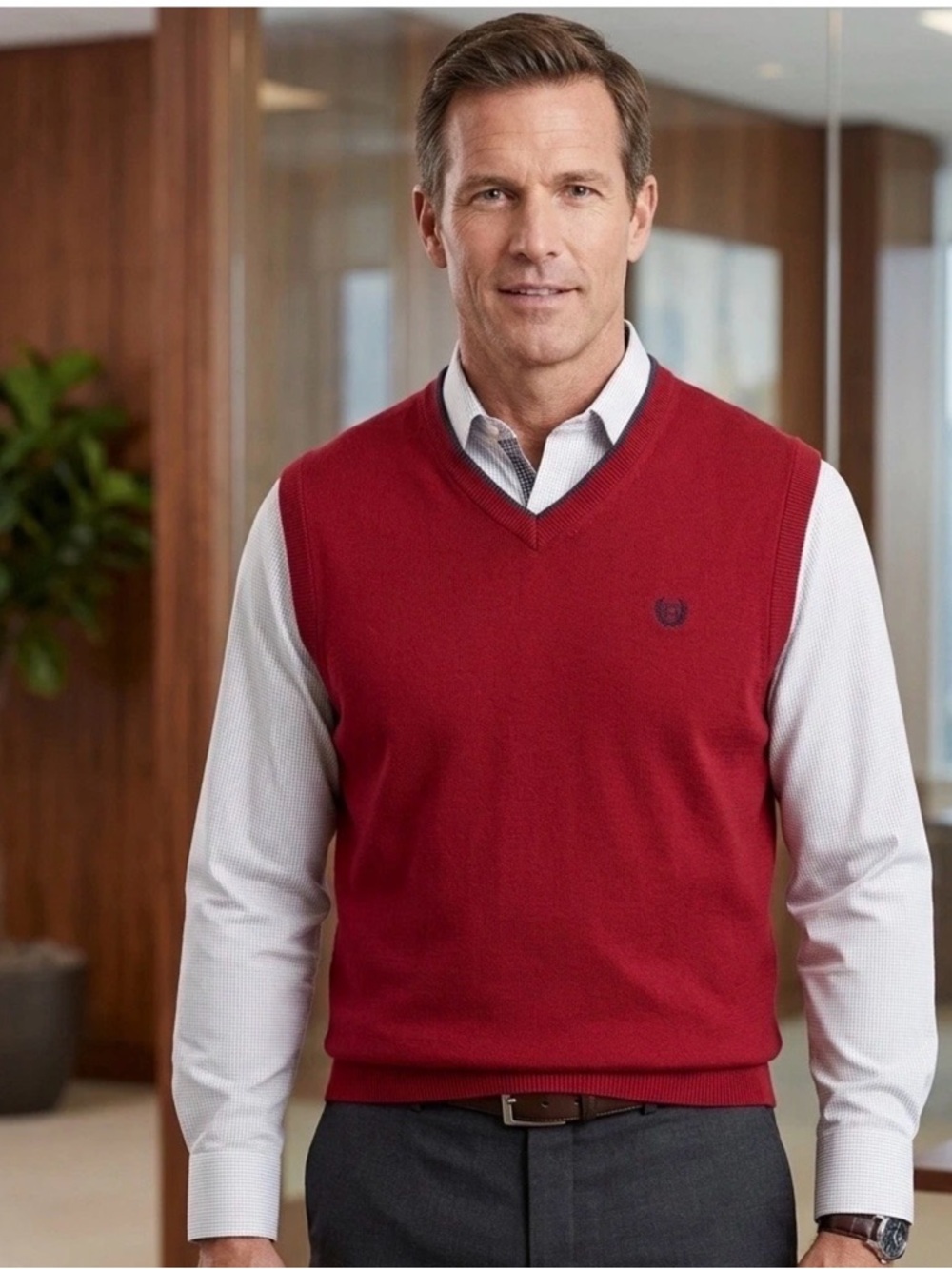 Chaps Men's Red V-Neck Sweater Vest with Navy Crest